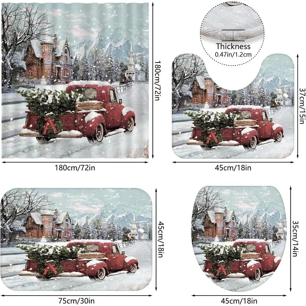 Luxurious 4-Piece Xmas Bath Set – Non-Slip Rugs, U-Shaped Mat & Curtain, 72x72